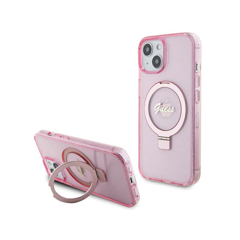 Guess iPhone 14 Plus/15 Plus pink hardcase Ring Stand Script Glitter Mag Guess iPhone 14 Plus/15 Plus pink hardcase Ring Stand Script Glitter Mag