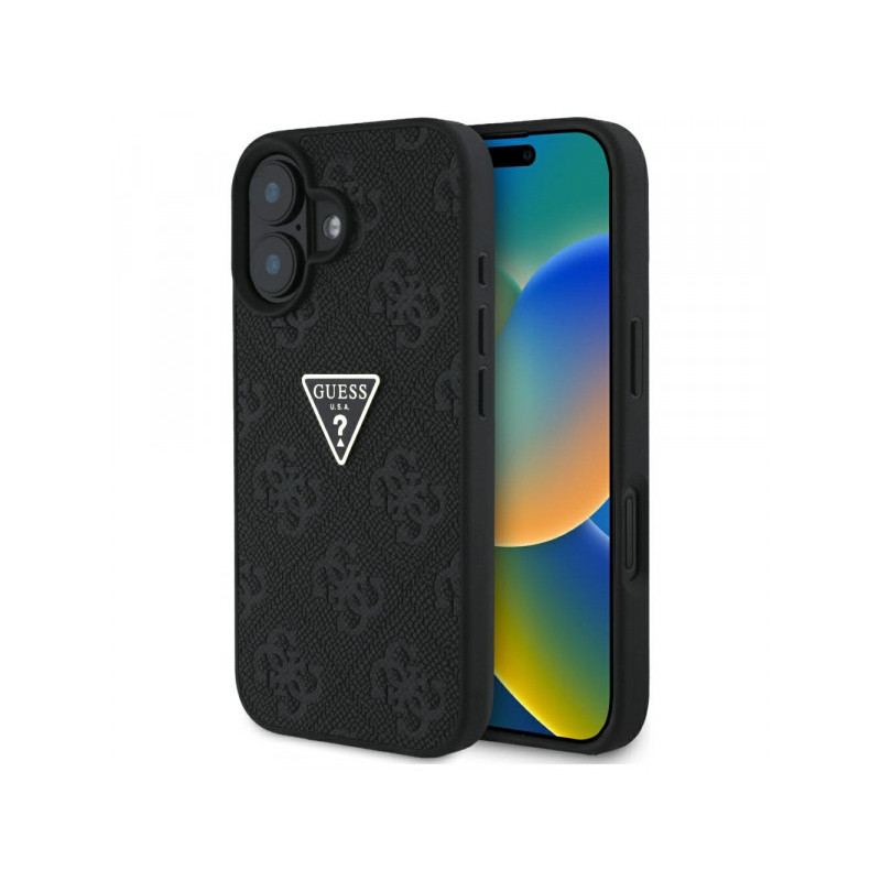 Guess iPhone 16 black Hot Stamp 4G Pattern Triangle Metal Logo