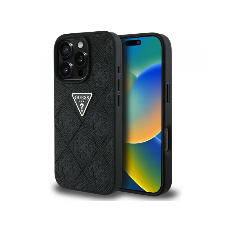Guess iPhone 16 Pro Max black Hot Stamp 4G Pattern Triangle Metal Logo