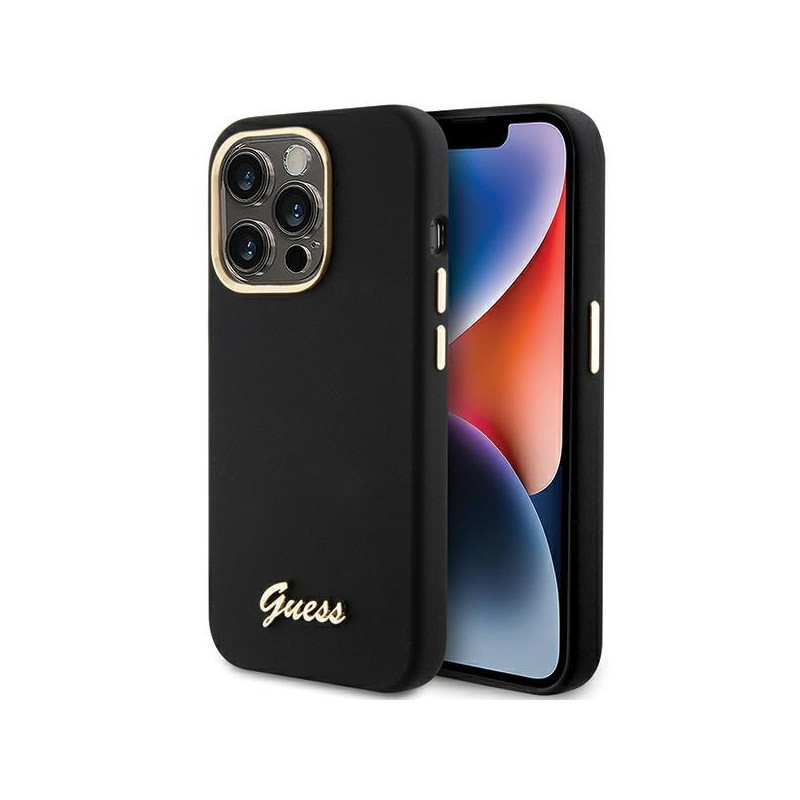 Guess iPhone 15 Pro Max black hardcase Silicone Script Metal Logo & Frame