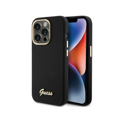 Guess iPhone 15 Pro Max black hardcase Silicone Script Metal Logo & Frame