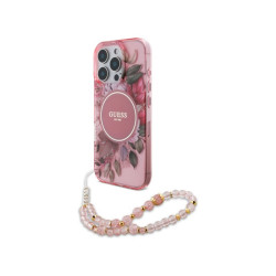 Guess iPhone 16 Pro Max pink hardcase IML Flowers With Pearl Strap MagSafe