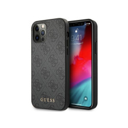 Guess Coque rigide grise pour iPhone 12/12 Pro logo métal doré 4G
