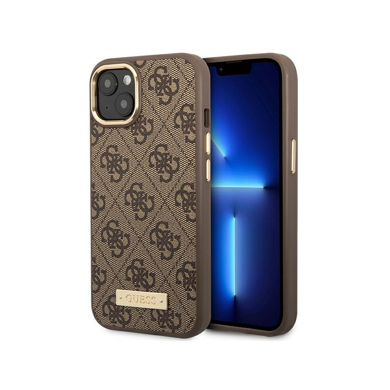 Guess iPhone 13/14/15 brown hardcase 4G Logo Plate MagSafe