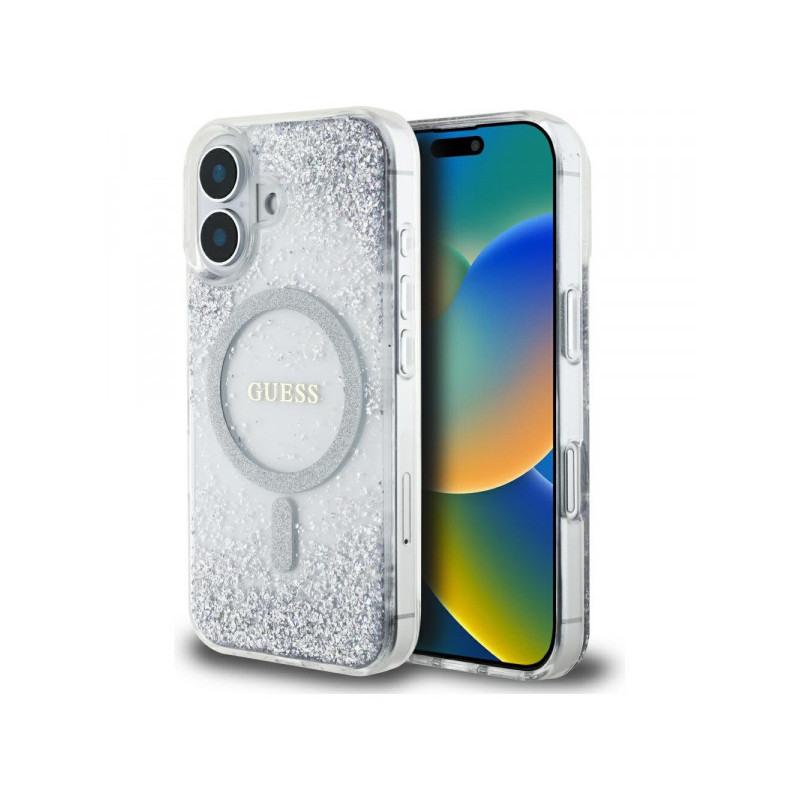 Guess iPhone 16 silver Resin Bottom Glitter case MagSafe Guess iPhone 16 silver Resin Bottom Glitter case MagSafe