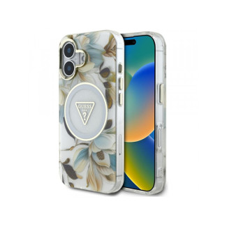 Guess iPhone 16 white Glitter Flowers Triangle Buttons MagSafe