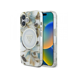 Guess iPhone 16 white Glitter Flowers Triangle Buttons MagSafe
