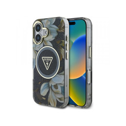 Guess iPhone 16 black Glitter Flowers Triangle Buttons MagSafe