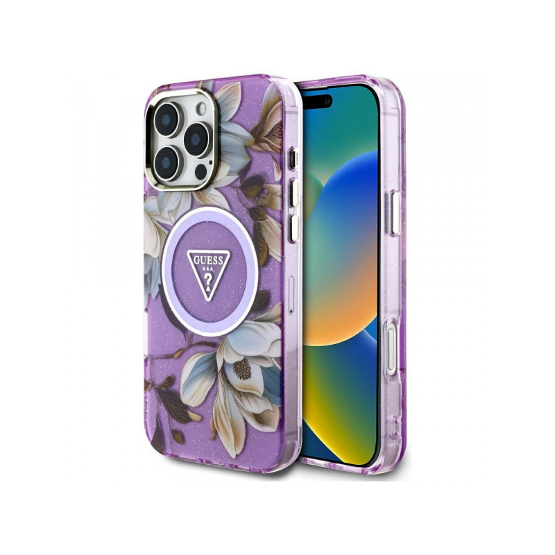 Guess iPhone 16 Pro Max purple Glitter Flowers Triangle Buttons MagSafe