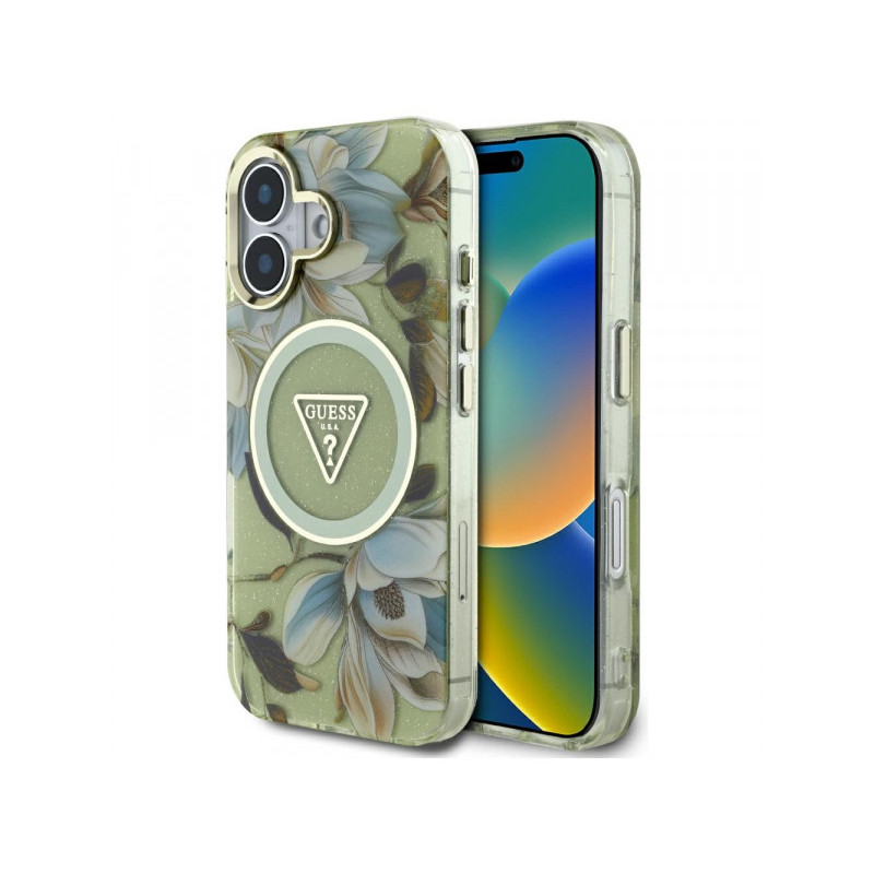 Guess iPhone 16 green Glitter Flowers Triangle Buttons MagSafe Guess iPhone 16 green Glitter Flowers Triangle Buttons MagSafe