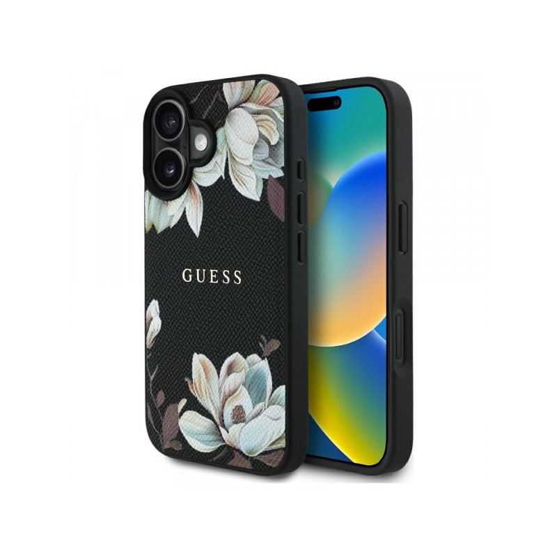 Guess iPhone 16 black Grained Printed Flower Pattern MagSafe