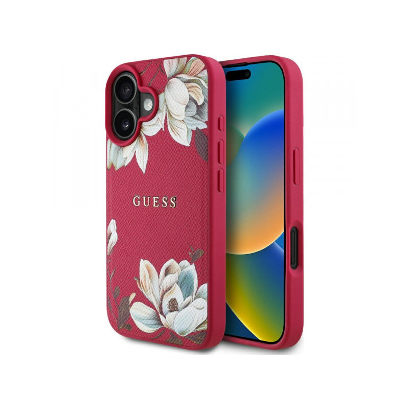 Guess iPhone 16 fuchsia Grained Printed Flower Pattern MagSafe
