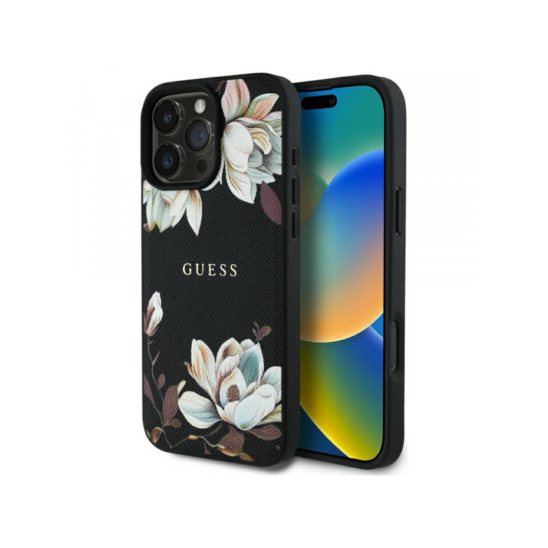 Guess iPhone 16 Pro black Grained Printed Flower Pattern MagSafe Guess iPhone 16 Pro black Grained Printed Flower Pattern MagSafe