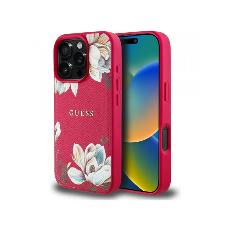 Guess iPhone 16 Pro fuchsia Grained Printed Flower Pattern MagSafe
