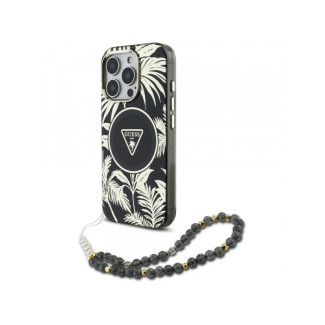 Case iPhone 16 Pro black Guess Palm Trees Triangle Pearl Strap MagSafe