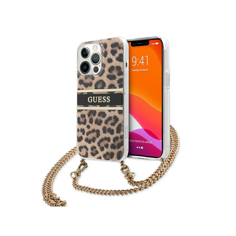 Guess iPhone 13/13 Pro Leopard hardcase Gold with Strap Guess iPhone 13/13 Pro Leopard hardcase Gold with Strap