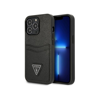 Guess Coque rigide noir iPhone 13 Pro Max logo triangle Saffiano slot carte
