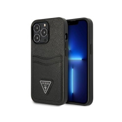 Guess Coque rigide noir iPhone 13 Pro Max logo triangle Saffiano slot carte