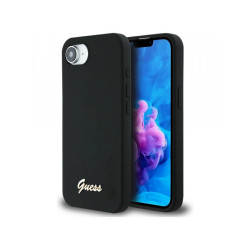 Guess iPhone 16e black Silicone Script Metal Logo MagSafe