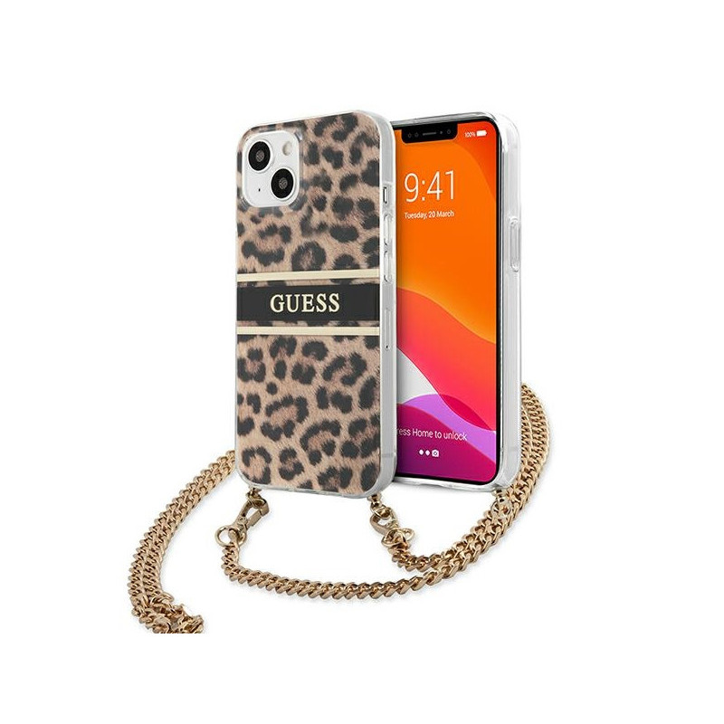 Guess Coque rigide léopard pour iPhone 13 mini sangle dorée