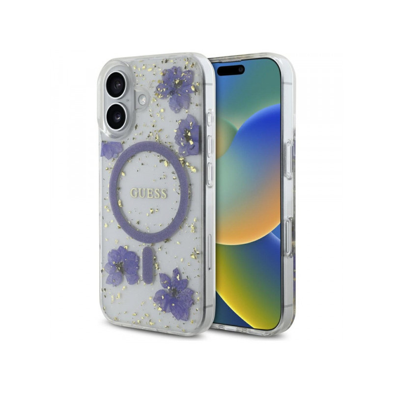 Guess iPhone 16 purple Resin Flowers Glitter MagSafe