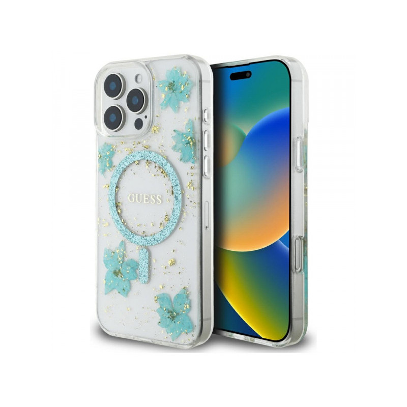 Guess iPhone 16 Pro Max turquoise Resin Flowers Glitter MagSafe Guess iPhone 16 Pro Max turquoise Resin Flowers Glitter MagSafe