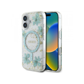 Guess iPhone 16 turquoise Resin Flowers Glitter MagSafe