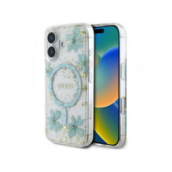 Guess iPhone 16 turquoise Resin Flowers Glitter MagSafe