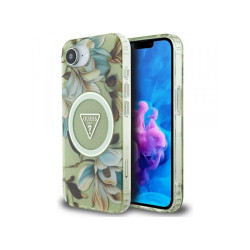 Guess iPhone 16e green IML Metal Glitter Flowers Triangle MagSafe