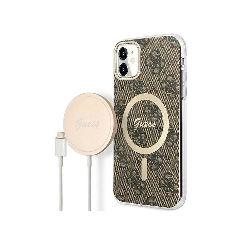 Guess SET iPhone 11 brown hardcase 4G Print MagSafe + Charger