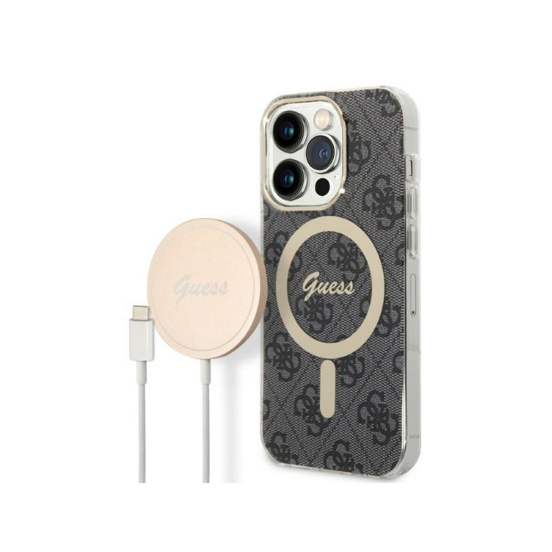 Guess SET iPhone 14 Pro black hardcase 4G Print MagSafe + Charger