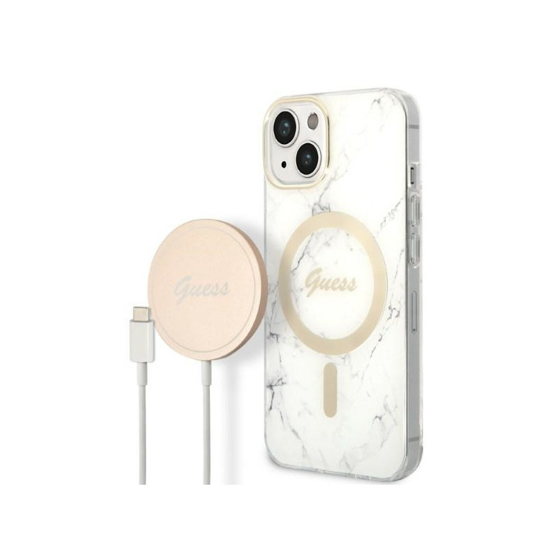 Guess SET iPhone 14 Plus/15 Plus white hardcase Marble MagSafe + Charger