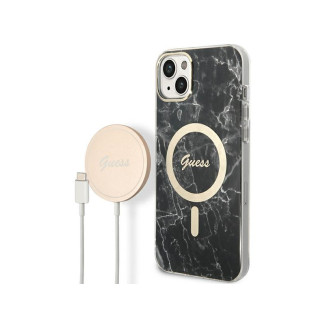 Guess SET iPhone 14 Plus/15 Plus black hardcase Marble MagSafe + Charger