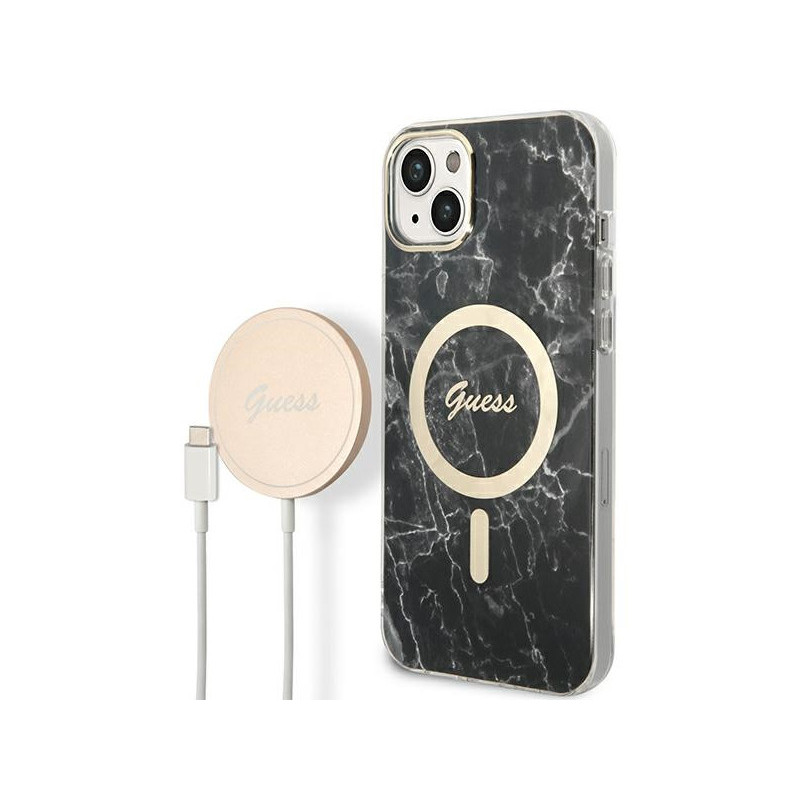 Guess SET iPhone 14 Plus/15 Plus black hardcase Marble MagSafe + Charger