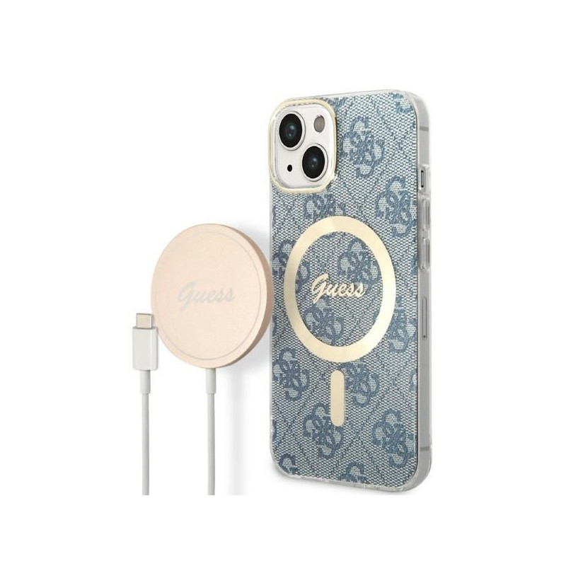 Guess SET iPhone 13/14/15 blue hardcase 4G Print MagSafe + Charger