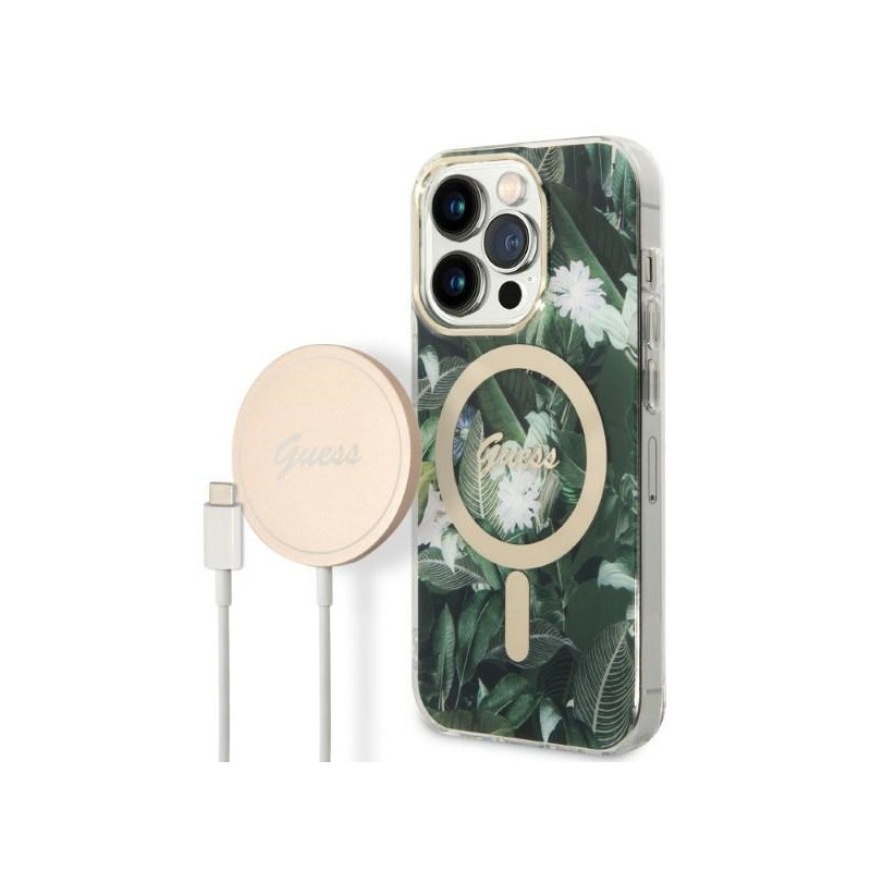 Guess SET iPhone 14 Pro Max green hardcase Jungle MagSafe + Charger