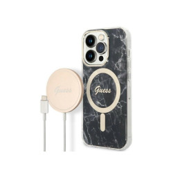 Guess SET iPhone 14 Pro Max black hardcase Marble MagSafe + Charger