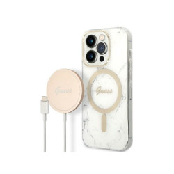 Guess SET iPhone 14 Pro white hardcase Marble MagSafe + Charger