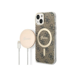 Guess SET iPhone 13/14/15 brown hardcase 4G Print MagSafe + Charger