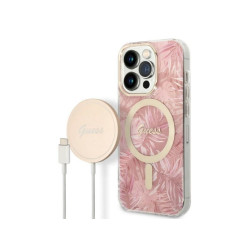 Guess SET iPhone 14 Pro pink hardcase Jungle MagSafe + Charger