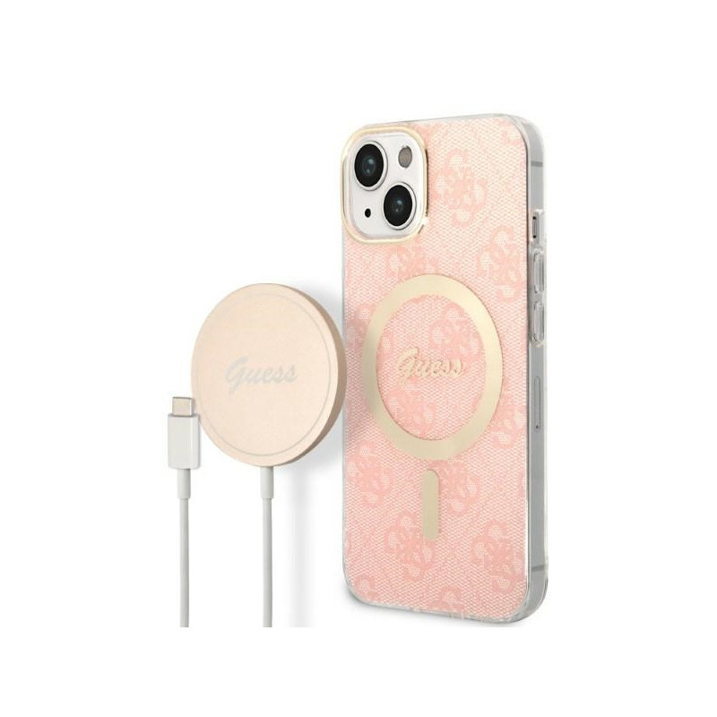 Guess SET iPhone 13/14/15 pink hardcase 4G Print MagSafe + Charger