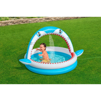 Bestway Piscina Hinchable Infantil 2 Aros Tiburon Aspersor 163x127x92 cm +2 Años Jardin 53157