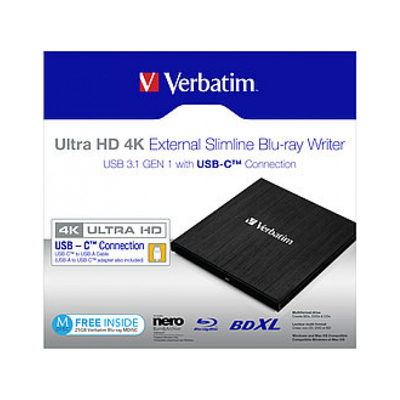 Verbatim Blu-ray Recorder. USB 3.1. 6x/8x/24x. UHD. 4K. BDXL - Portable 